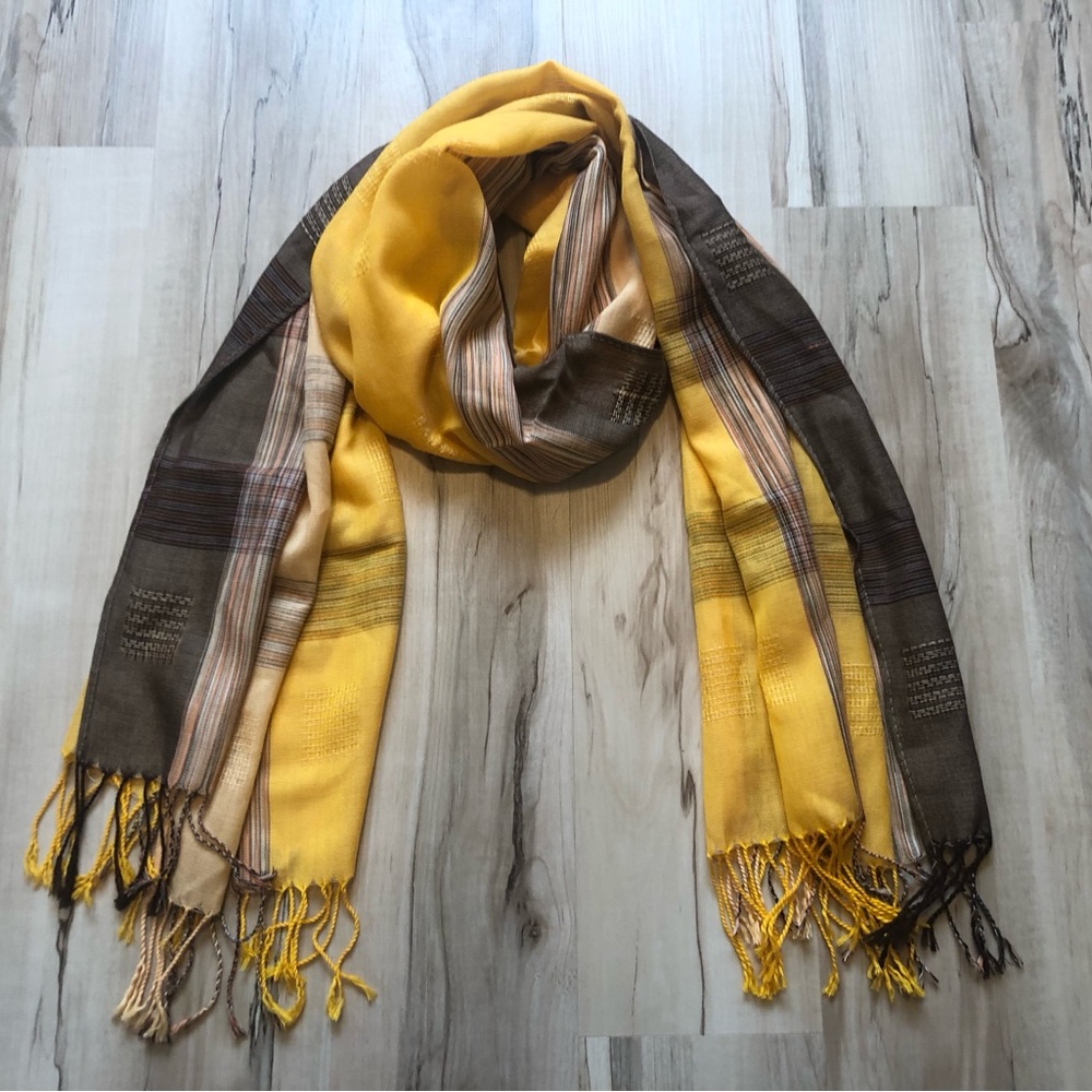 ✨$8 Clear Out ✨ Pashmina Yellow, Brown, Grey Striped Scarf - Picture 2 of 5